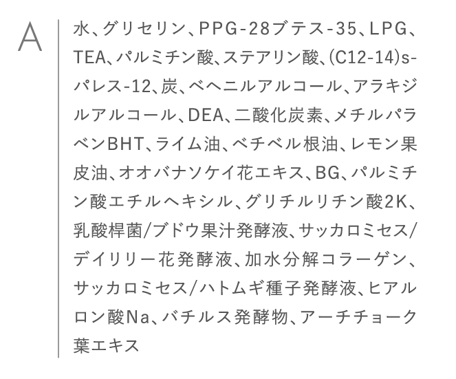 水、グリセリン、PPG-28ブテス-35、LPG、TEA、パルミチン酸、ステアリン酸、(C12-14)s-パレス-12、炭、ベヘニルアルコール、アラキジルアルコール、DEA、二酸化炭素、メチルパラベンBHT、ライム油、ベチベル根油、レモン果皮油、オオバナソケイ花エキス、BG、パルミチン酸エチルヘキシル、グリチルリチン酸2K、乳酸桿菌/ブドウ果汁発酵液、サッカロミセス/デイリリー花発酵液、加水分解コラーゲン、サッカロミセス/ハトムギ種子発酵液、ヒアルロン酸Na、バチルス発酵物、アーチチョーク葉エキス