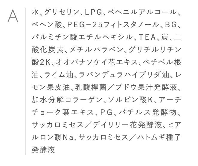 水、グリセリン、PPG-28ブテス-35、LPG、TEA、パルミチン酸、ステアリン酸、(C12-14)s-パレス-12、炭、ベヘニルアルコール、アラキジルアルコール、DEA、二酸化炭素、メチルパラベンBHT、ライム油、ベチベル根油、レモン果皮油、オオバナソケイ花エキス、BG、パルミチン酸エチルヘキシル、グリチルリチン酸2K、乳酸桿菌/ブドウ果汁発酵液、サッカロミセス/デイリリー花発酵液、加水分解コラーゲン、サッカロミセス/ハトムギ種子発酵液、ヒアルロン酸Na、バチルス発酵物、アーチチョーク葉エキス