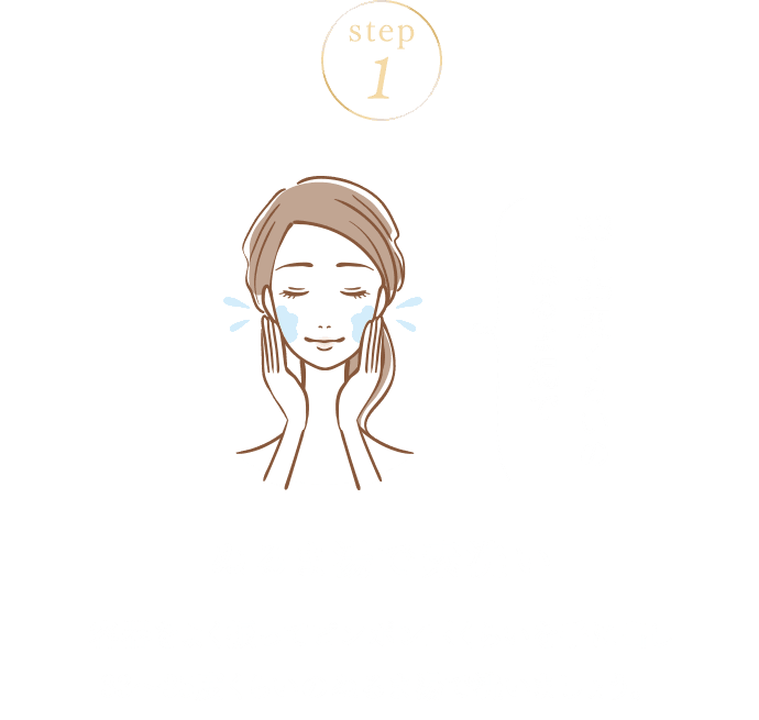 STEP01 ぬるま湯で素洗い 容器をよく振ってピンポン玉くらいを手に出し33～35度くらいのぬるま湯で洗いましょう。